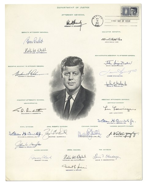 Robert Kennedy Signed Portrait of His Brother, President John F. Kennedy -- Also Signed by JFK's Justice Department